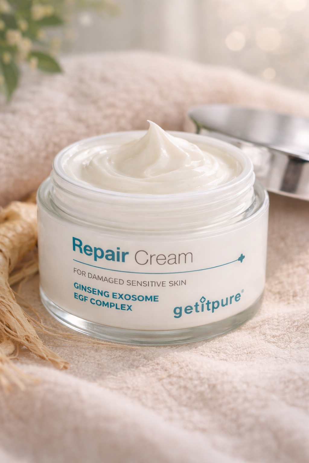 Crème Réparatrice Visage Peaux Sensibles – Ginseng Exosome & EGF Complex | Soin Apaisant & Régénérant